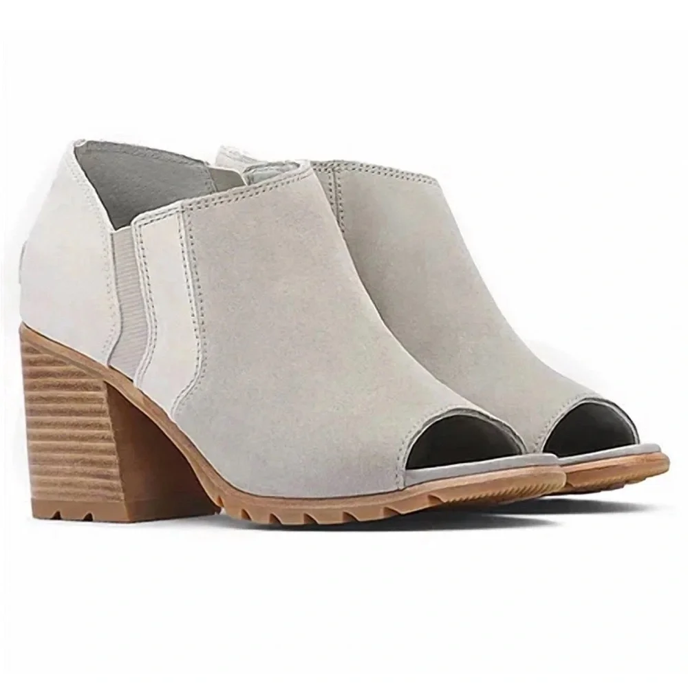 Sorel Nadia Dove Grey Color Block Open Toe Heeled Suede Ankle Bootie Shoes EUC 6